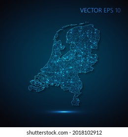 Mapa de la ilustración abstracta holandesa de la comunicación social global, mapa poligonal con puntos de conexión y líneas. Ilustración vectorial eps 10.