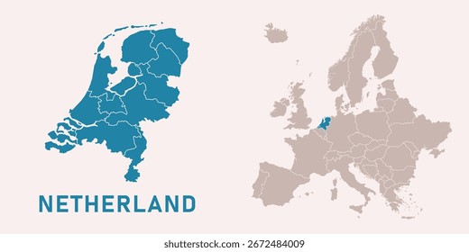 Mapa de Países Bajos con divisiones administrativas y posición destacada en el mapa de Europa. Aislado sobre fondo blanco. Ilustración vectorial.