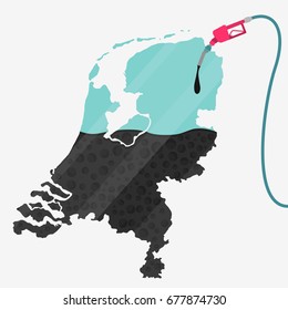 Map of Netherlands being fueled by oil. Gas pump fueled map. On the map there is glass reflection. Conceptual. Oil producing or importing countries.