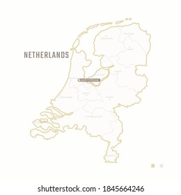 Map of Netherlands with border, cities and capital Amsterdam. Each city has separately for your design. Vector Illustration