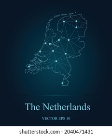 Map of the Netherlands with connected capitals by blue lines and dots mesh polygonal network frame and lines a connection network communication map of the Netherlands on dark background 