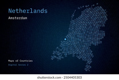 Un mapa de los Países Bajos representado en ceros y unos en forma de círculo. La capital, Ámsterdam, se muestra en el centro del círculo	