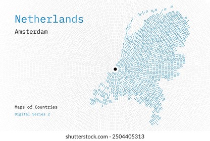 A map of Netherlands depicted in zeros and ones in the form of a circle. The capital, Amsterdam, is shown in the center of the circle	