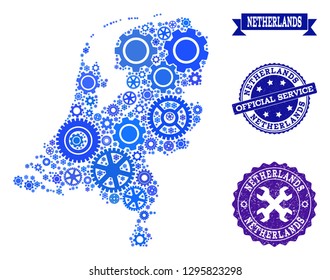 Map of Netherlands designed with blue gear symbols, and isolated rubber watermarks for official repair services. Vector abstract collage of map of Netherlands with industry symbols in blue shades.