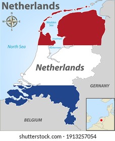 Map of Netherlands with flag and location on European map. Vector image