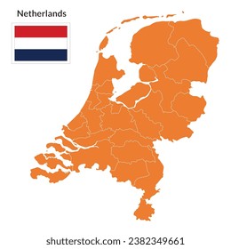 Map of Netherlands and Netherlands flag in orange administrative 