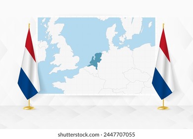 Mapa de Países Bajos y banderas de Países Bajos en el stand de la bandera. Ilustración vectorial para la reunión de diplomacia.