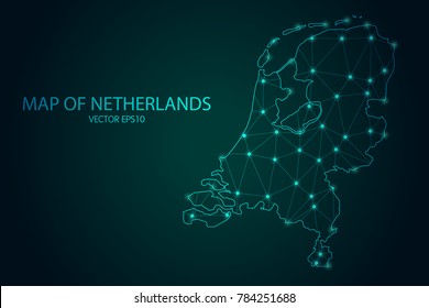 Map of Netherlands - With glowing point and lines scales on The dark gradient background, 3D mesh polygonal network connections. Vector illustration Eps10.