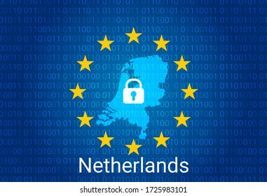 Map of Netherlands, with lock and binary code background. europe union internet blocking, virus attack, privacy protect. vector illustration