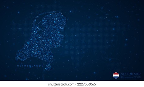 Map of Netherlands modern design with polygonal shapes on dark blue background. Business wireframe mesh spheres from flying debris. Blue structure style vector illustration concept.