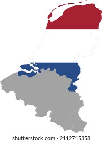 Map of the Netherlands with national flag within the gray map of Benelux peninsula
