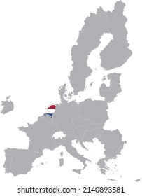 Map of Netherlands with national flag within the gray map of European Union countries