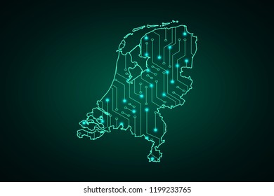 Map of Netherlands, network line, design sphere, dot and structure on dark background with Map Netherlands, Circuit board. Vector illustration. Eps 10