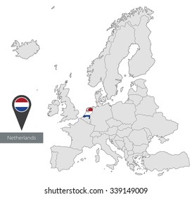Map of Netherlands with an official flag. Location in Europe