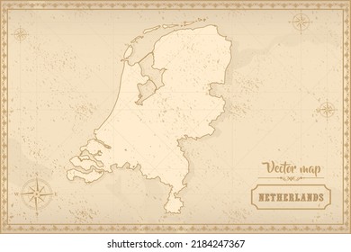 Map of Netherlands in the old style, brown graphics in retro fantasy style