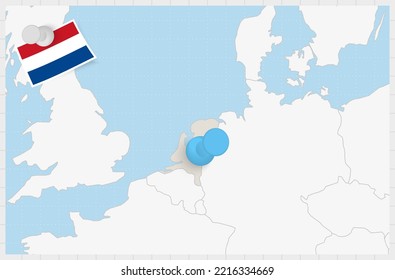 Mapa de los Países Bajos con un pin azul. Bandera enclavada de los Países Bajos, ilustración vectorial.