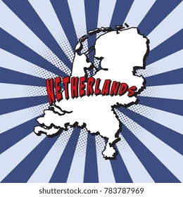 map of netherlands in pop art style with halftone dotted shadow, radial lines and name of country
