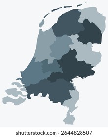 Map of the Netherlands with regions. A simple country border map with regional divisions. Blue-grey color palette. Plain Netherlands shape with administrative division. Vector illustration.