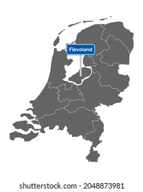 Map of the Netherlands with road sign Flevoland