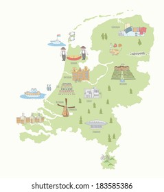 Map of the Netherlands sights. EPS 10. No transparency. No gradients.