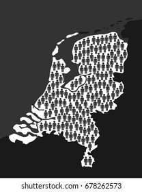 Map of Netherlands with symbols of man. Human overpopulation in Holland - crowded area, uncontrolled birth rate, overcrowded population and demographic increase of inhabitation 