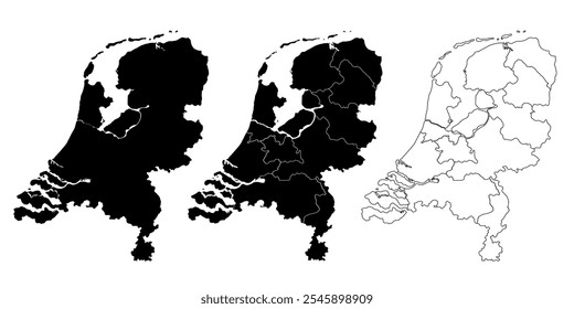 Mapa de los Países Bajos en tres estilos: negro sólido, divisiones regionales y contorno.