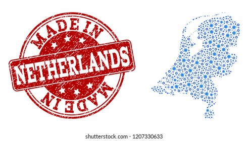 Map of Netherlands vector mosaic and Made In grunge stamp. Map of Netherlands formed with blue cog relations. Made in red seal with grunge rubber texture.