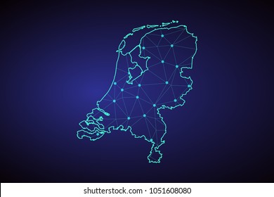 Map of Netherlands. Wire frame 3D mesh polygonal network line, design sphere, dot and structure. communications map of Netherlands. Vector Illustration EPS10.