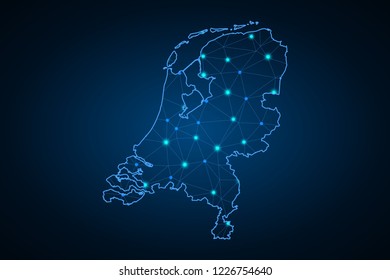Map of Netherlands. Wire frame 3D mesh polygonal network line, design sphere, dot and structure. communications map of Netherlands. Vector Illustration EPS10.