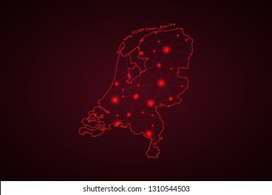 Map of Netherlands. Wire frame 3D mesh polygonal network line, design sphere, dot and structure. communications map of Netherlands. Vector Illustration EPS10. - Vector