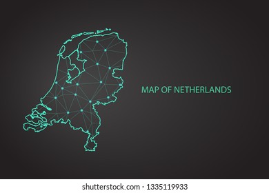 Map of Netherlands. Wire frame 3D mesh polygonal network line, design sphere, dot and structure. communications map of Netherlands. Vector Illustration EPS10. - Vector