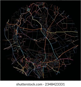 Map of Nettetal, North Rhine-Westphalia with all major and minor roads, railways and waterways. Colorful line art on black background.