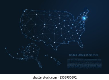 The map of the network of the United States of America. Vector low-poly image of a global map with lights in the form of a population density of cities consisting of shapes in the form of stars