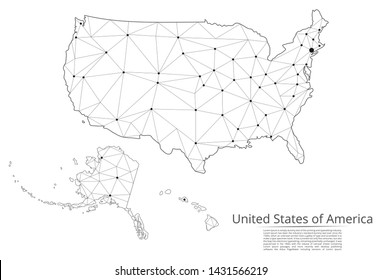 The map of the network of the United States of America. Vector low-poly image of a global map with lights in the form of a population density of cities consisting of shapes. Easy to edit