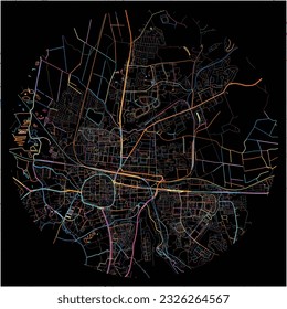 Map of Neubrandenburg, Mecklenburg-Western Pomerania with all major and minor roads, railways and waterways. Colorful line art on black background.