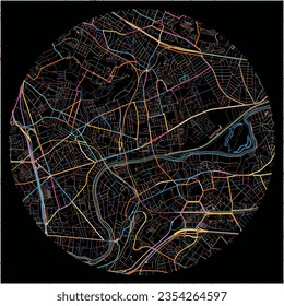 Map of Neuilly-sur-Marne, Seine-Saint-Denis with all major and minor roads, railways and waterways. Colorful line art on black background.