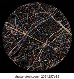 Karte Neuilly-sur-Seine, Hauts-de-Seine mit allen wichtigen und kleineren Straßen, Eisenbahnen und Wasserstraßen. Farbige Linienkunst auf schwarzem Hintergrund.