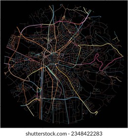 Map of NeumarktinderOberpfalz, Bavaria with all major and minor roads, railways and waterways. Colorful line art on black background.