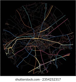 Map of Neunkirchen, Lower Austria with all major and minor roads, railways and waterways. Colorful line art on black background.