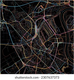 Map of Neuss, North Rhine-Westphalia with all major and minor roads, railways and waterways. Colorful line art on black background.