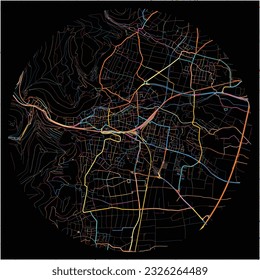 Map of NeustadtanderWeinstrase, Rheinland-Pfalz with all major and minor roads, railways and waterways. Colorful line art on black background.