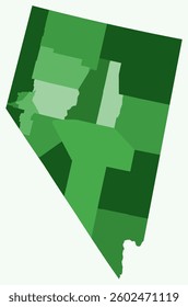 Map of Nevada with counties. A simple state border map with county divisions. Green color palette. Plain State of Nevada shape with administrative division. Vector illustration.