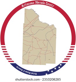 Map of Nevada County in Arkansas, USA arranged in a circle.