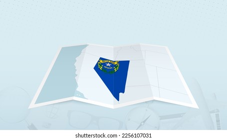 Map of Nevada with the flag of Nevada in the contour of the map on a trip abstract backdrop. Travel illustration.