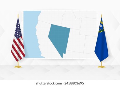 Map of Nevada and flags of Nevada on flag stand. Vector illustration for diplomacy meeting.