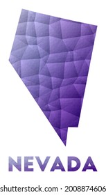 Mapa de Nevada. Escasa ilustración policial del estado estadounidense. Diseño geométrico púrpura. Ilustración vectorial poligonal.