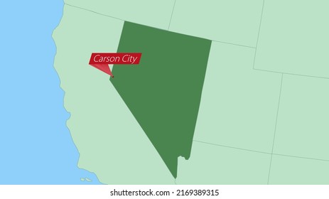 Map of Nevada with pin of country capital. Nevada Map with neighboring countries in green color.