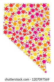 Map of Nevada State created with colored flat stars. Vector colored geographic abstraction of map of Nevada State with red, yellow, orange stars. Festive mosaic design for Christmas illustrations.