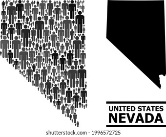 Map of Nevada State for demographics agitprop. Vector demographics collage. Pattern map of Nevada State made of people elements. Demographic concept in dark grey color tints.