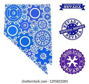 Map of Nevada State designed with blue engine symbols, and isolated scratched stamps for official repair services. Vector abstract mosaic of map of Nevada State with mechanics symbols in blue hues.